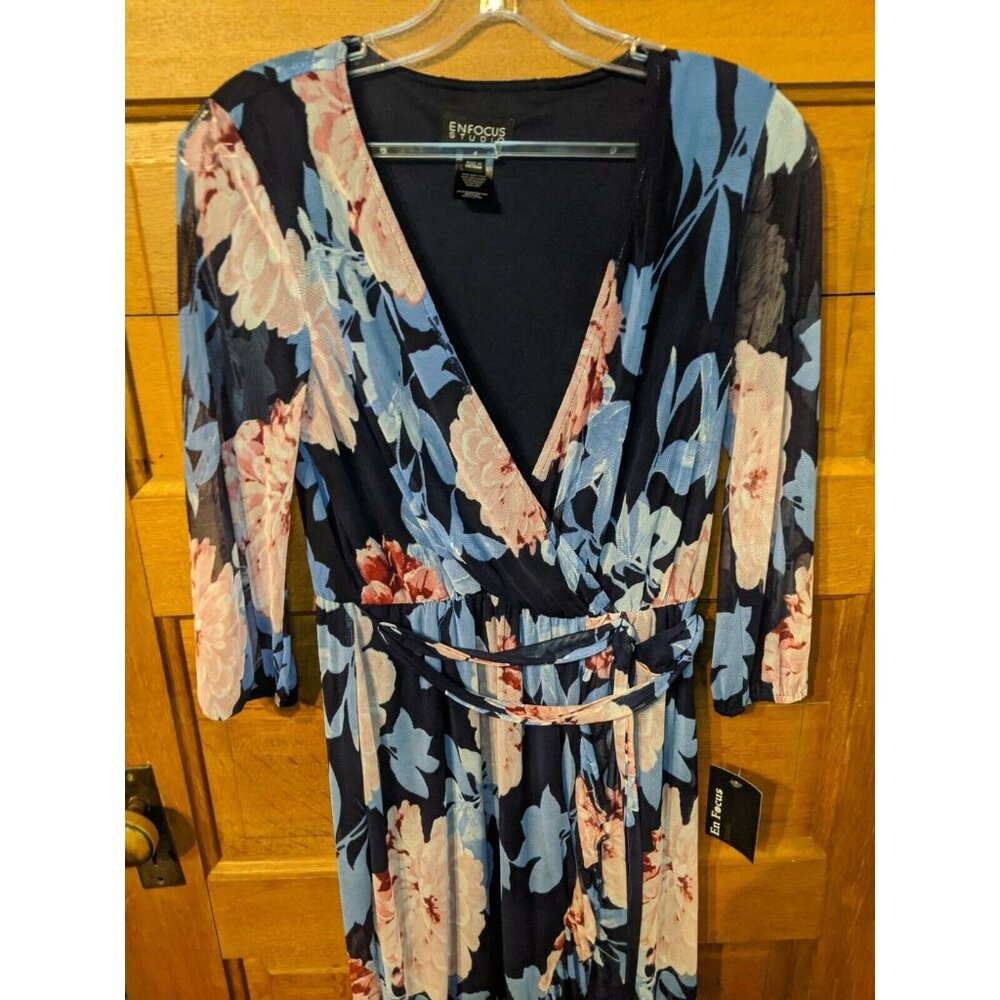 En Focus Maxi Dress Size 4 Midi Floral Sheer Sleeve Navy Blue Pink Lined